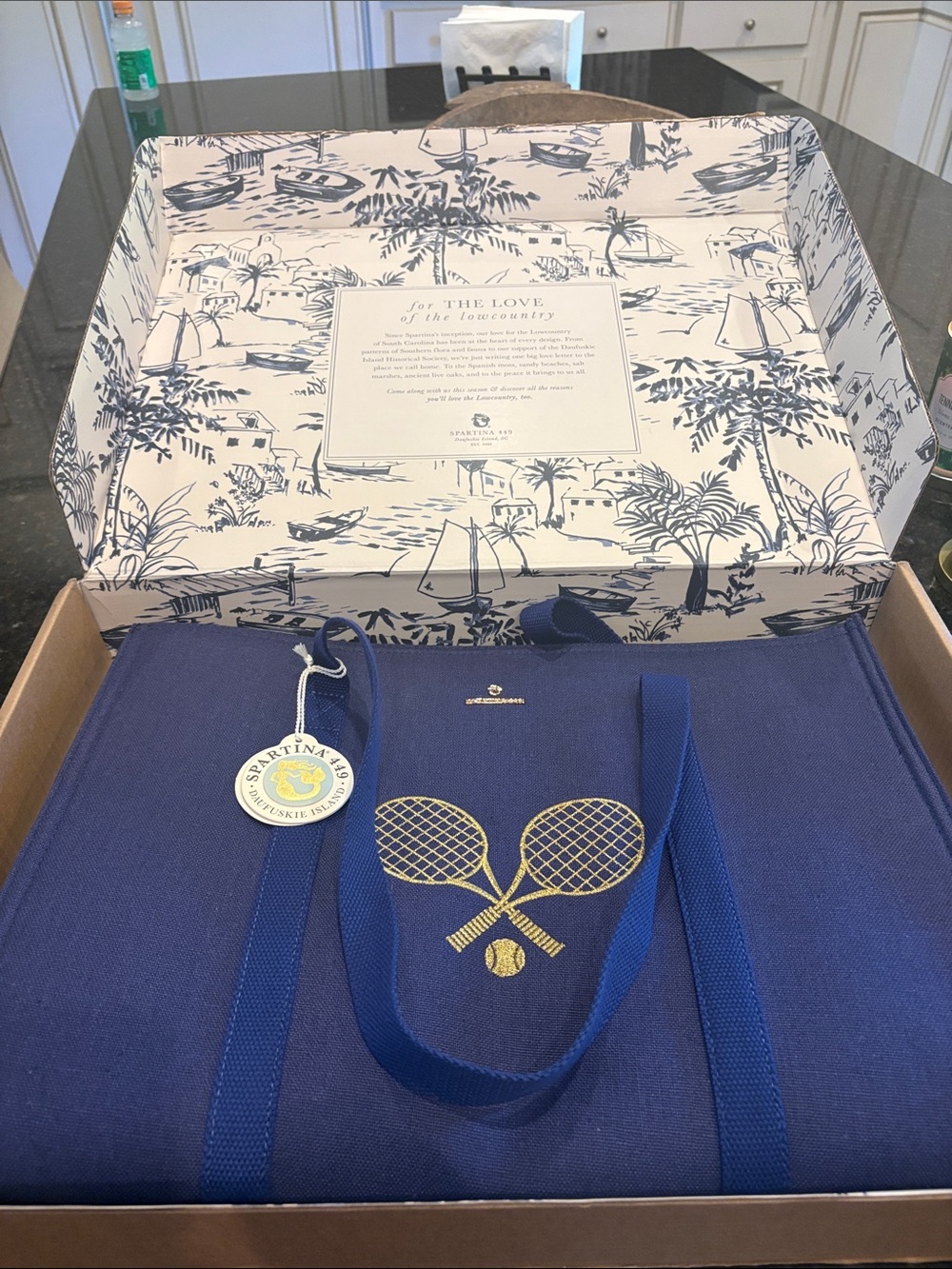 Spartina 449 Blue Canvas Tote with Gold Tennis Motif